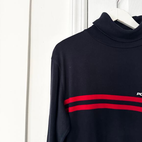 Ralph Lauren Polo Sport Vintage 100% Cotton Navy Blue Turtleneck Red Stripes M - Picture 2 of 7